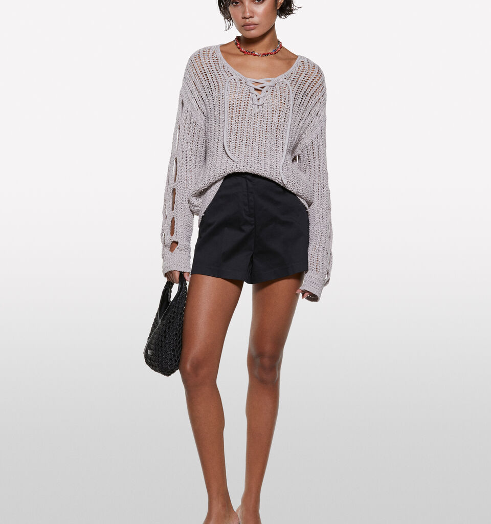 Perforated top with laces - women's v-neck sweaters - Beige | Sisley image number 1